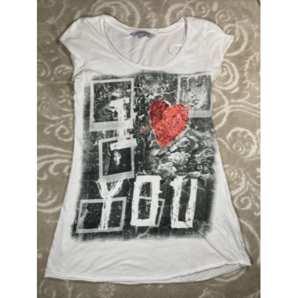 ClockHouse Women's Casual White Graphic Embellished T Shirt Cap Sleeve Size S